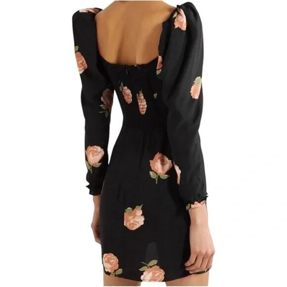 Reformation Amala Mini Dress Ingrid Black Floral Long Sleeve Ruched - Picture 2 of 13